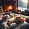 Small kitten sleeping near open fire with view of cold exterior
