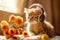 Small kitten wearing headphones laying on bed of sunflowers. Generative AI