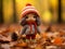 a small knitted doll standing in a pile of autumn leaves
