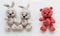 Small knitted teddy bears and hares