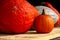 Small Large Pumpkins Orange White Wooden Rustic Shelf Seasonal A