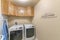 Small laundry room with writings on the beige wall