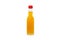 Small liquor bottle isolated on white background. Mini yellow alcohol drink bottle.