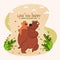 A small little bear son on his father`s shoulder, father and son duo walking on garden area with green leaves and clouds, anima