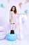 Small little girl beautiful lady curly hair child wear funny clothes dress socks boots cute face smile sweets baby shower party b