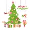 Small male and female people character decorated big Christmas tree. Vector modern flat illustration in scandinavian style