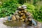 A small man-made water fountain with rocks and artificial frogs near the Capilano Suspension Bridge area in Vancouver, Canada