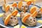 Small meatball mouse, meatloaf mice with ears of carrot, cheese on plate, creative and fun food snack idea for kids