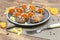 Small meatball mouse, meatloaf mice with ears of carrot, cheese on plate, creative and fun food snack idea for kids party. Menu