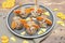 Small meatball mouse, meatloaf mice with ears of carrot, cheese on plate, creative and fun food snack idea for kids party. Menu