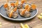 Small meatball mouse, meatloaf mice with ears of carrot on plate, creative and fun food snack idea for kids party. Menu