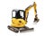 Small or mini yellow excavator isolated on white background. Construction equipment for earthworks in cramped conditions. Rental