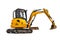 Small or mini yellow excavator isolated on white background. Construction equipment for earthworks in cramped conditions. Rental