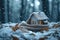 A small miniature house with a scarf in the winter forest. Concept of heating season. Thermal insulation of a building or dwelling
