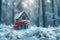 A small miniature house with a scarf in the winter forest. Concept of heating season. Thermal insulation of a building or dwelling