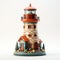 A small model of a lighthouse with a red roof