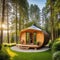 Small modern and elegant barrell wooden cabin tiny house and garden with two sun luxury glamping