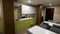 Small, modern kitchen with green cabinets and two tabels, eating zone for office workers. Simple and small, new, green