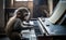 A small monkey playing piano in the old warehouse, side view in the morning, generative AI