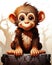 a small monkey sitting on top of a stone wall next to a tree. generative ai