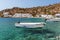 Small motorboats at clear water bay of Loutro town on Crete island, Greece