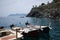 Small motorboats moored in bay in Cinque Terre National Park on Italian Riviera