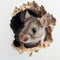 Small mouse peeks out of a gnawed hole in the wall close-up