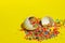 Small multi-colored sweets in a broken white egg shell on yellow background. Easter, holidays, food concept. Abstact food