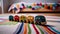 Small multi colored toy cars playing on wood flooring generated by AI