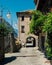 Small narrow street in Bard, Italy. Medieval stown town in the Aosta Valley mountainous region in northern Italy.