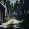Small Neighborhood Alley With Classic Houses, Green Gardens and Trees, Sunny day, Generative Ai
