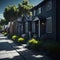Small Neighborhood Alley With Classic Houses, Green Gardens and Trees, Sunny day, Generative Ai