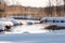 Small Nordic river with snowy surroundings in the spring