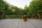 small observation deck made of wood in the middle of the forest on a summer evening