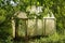 A small old greenhouse made of cellophane tape amidst greenery and vegetation in the garden