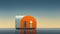 A small orange building sitting on top of a body of water