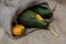 Small orange gourd with two large green warty squashes