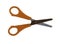 Small orange scissor for cut the paper. White background.