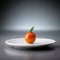 a small orange sitting on top of a white plate on a table. generative ai