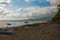 A small outrigger style Banca boat rests on a tropical beach.Pandan, Panay, Philippines.