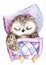 Small owl sleeps in a crib, delicate lilac and pink colors, watercolor illustration.