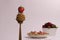 Small pancakes. wooden fork with mini pancakes and strawberries. Selective focus, pancake porridge