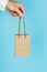 Small paper Bag at arm`s length, brown craft bag for takeaway isolated on blue background. Packaging template layout with space