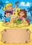 Small parchment and kids by sand castle