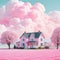 A small pastel pink farmhouse surrounded by a thick white Abstract A house in the