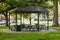 A small pavilion in a city park is ready for a day of picnics