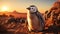 Small penguin lost in the desert, climate change concept illustration