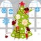 Small people characters decorating christmas tree. New year decoration. Fantasy little people in giant world flat
