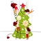 Small people characters decorating christmas tree. New year decoration. Fantasy little people in giant world flat