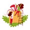 Small people characters wrapping christmas box. New year decoration. Fantasy little people working in giant world flat